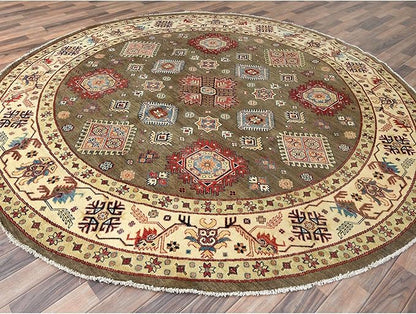 Taupe Brown Special Kazak with All Over Pattern Natural Dyes Organic Wool Hand Knotted Round Oriental Rug (9'x9')