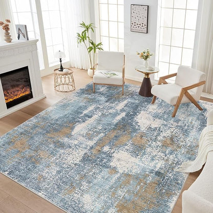 Area Rug Living Room Rugs - 5x7 Washable Soft Indoor Neutral Modern Abstract Low Pile Rug Carpet for Bedroom Dining Room Farmhouse Home Office - Blue Brown