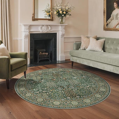Bavni Round Rug 5ft-Machine Washable Area Rugs Non-Slip for Bedroom, 5x5 Vintage Floral Rug Distressed Throw Carpet for Living Room Nursery Kitchen Bathroom, Forest Green