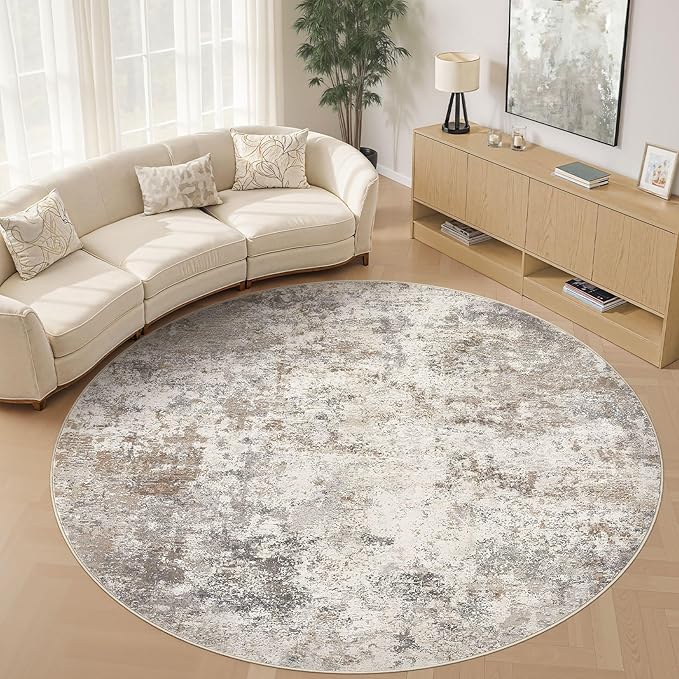 10ft Round Area Rug Living Room Rugs - 10x10 Washable Large Neutral Modern Abstract Soft Thin Rug Indoor Floor No Slip Rug Carpet for Bedroom Under Dining Table Home Office Decor - Brown Grey