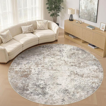 10ft Round Area Rug Living Room Rugs - 10x10 Washable Large Neutral Modern Abstract Soft Thin Rug Indoor Floor No Slip Rug Carpet for Bedroom Under Dining Table Home Office Decor - Brown Grey