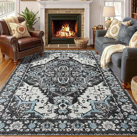 YJ.GWL Area Rugs for Living Room 4x6 Machine Washable Rugs for Bedroom, Non Slip Floral Vintage Rug Indoor Carpet, Stain Resistant Throw Rug for Dining Room Kitchen, Black Grey Blue