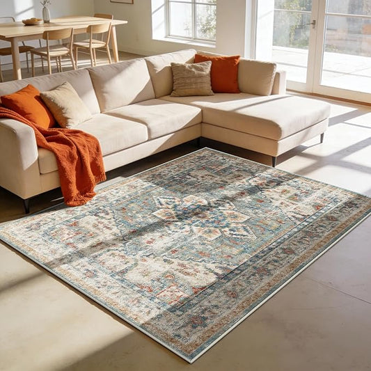 Enkor Area Soft Rugs 5x7 Washable Non Slip Boho Floor Rugs for Living Room Bedroom, Vintage Style Farmhouse Mat for Kitchen Entryway Beige & Green