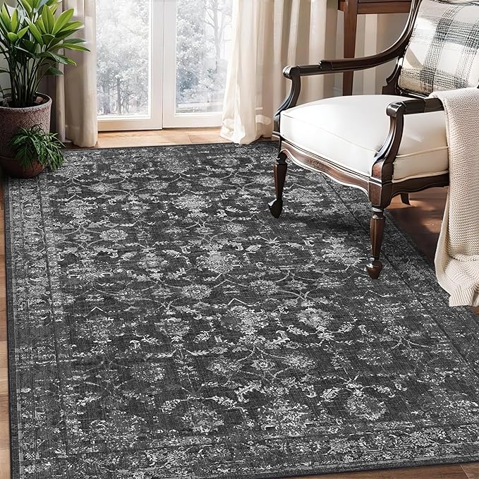3x5 Washable Area Rugs for Living Room, Vintage Boho Large Rug for Bedroom Dining Room Office, Distressed Floral Print Carpet for Under Table, Soft Non Slip Low Pile Throw Carpet Indoor Mat, Black