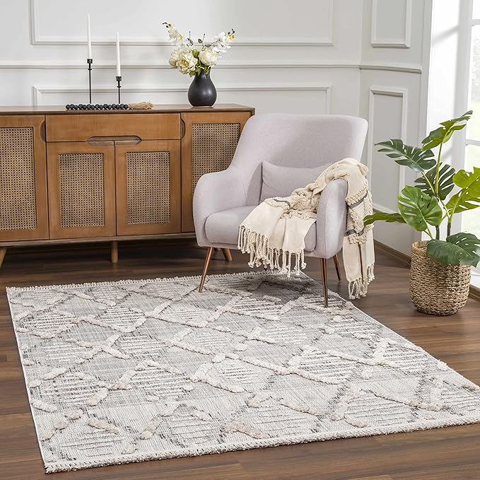 Hauteloom Bogtong Farmhouse Living Room Bedroom Moroccan Trellis Area Rug - Soft Shaggy High Low Carpet - High Pile - Bohemian, Boho - Gray, Beige, Cream - 5'3" x 7'