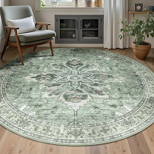 Area Rugs 8ft Washable Non-Slip, Floral Vintage Distress Print Pattern Medallion Carpet for Living Room Bedroom Dining Room, Dark Green Gray