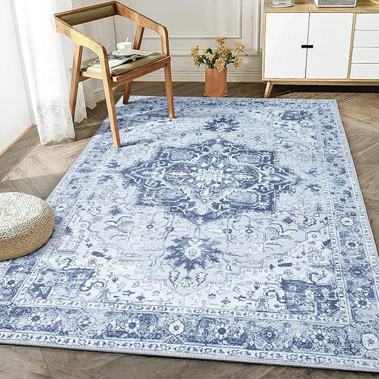 Bloom Rugs Washable Non-Slip 3' x 5' Rug - Gray/Blue Traditional Medallion Area Rug for Living Room, Bedroom, Dining Room, and Kitchen - Exact Size: 3' x 5'