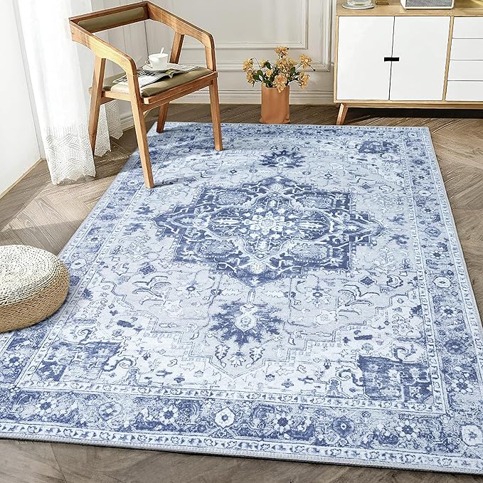 Bloom Rugs Washable Non-Slip 6' x 9' Rug - Gray/Blue Traditional Medallion Area Rug for Living Room, Bedroom, Dining Room, and Kitchen - Exact Size: 6' x 9'