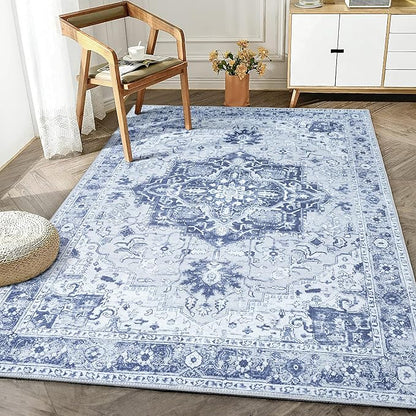 Bloom Rugs Washable Non-Slip 6' x 9' Rug - Gray/Blue Traditional Medallion Area Rug for Living Room, Bedroom, Dining Room, and Kitchen - Exact Size: 6' x 9'