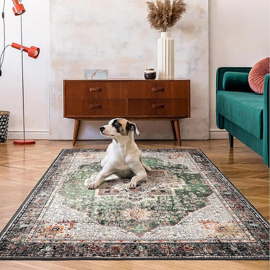 Boho Area Rug 3x5 Green Rug Washable Vintage Rug for Kitchen Living Room Bedroom Bathroom Office Low Pile Non Slip Floor Carpet