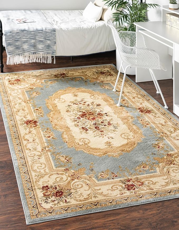 Rugs.com Chateau Collection Rug – 8' x 11' Light Blue Medium Rug Perfect for Living Rooms, Large Dining Rooms, Open Floorplans