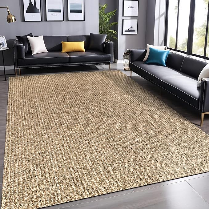 Easy Jute Rugs 8x10 Natural Color Living Room Indoor Outdoor Area Rug for Patio Farmhouse and Kitchen Rug High Traffic Easy to Clean Washable Solid Boho Woven Design Outside Carpet (8 x 10)