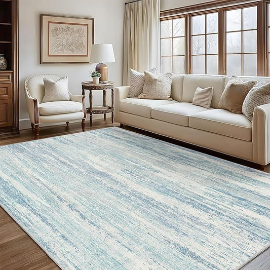 MUJOO 8x10 Area Rugs,Washable Rugs for Living Room Bedroom Dining Room,Modern Abstract Large Non Slip Carpet Indoor,Low Pile Throw Rug Accent Neutral Blue