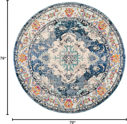 SAFAVIEH Monaco Collection Area Rug - 6'7" Round, Navy & Light Blue, Boho Chic Medallion Distressed Design, Non-Shedding & Easy Care, Ideal for High Traffic Areas in Living Room, Bedroom (MNC243N)