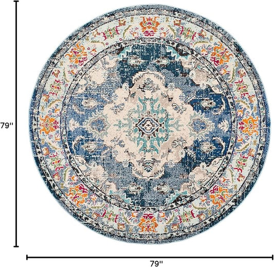 SAFAVIEH Monaco Collection Area Rug - 6'7" Round, Navy & Light Blue, Boho Chic Medallion Distressed Design, Non-Shedding & Easy Care, Ideal for High Traffic Areas in Living Room, Bedroom (MNC243N)