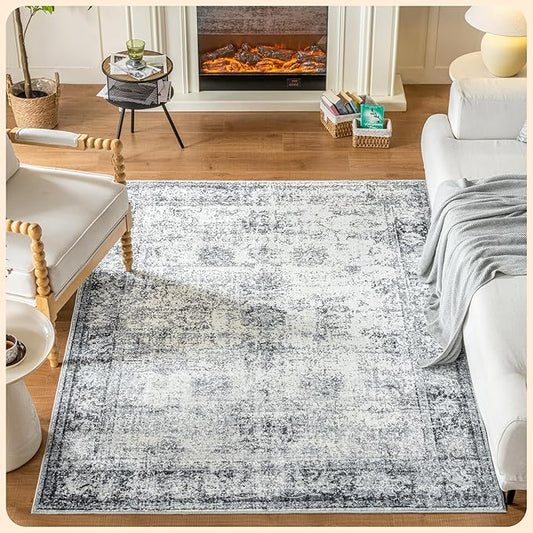 Istana 4x6 Rug - Grey & White Cream Area Rugs 4x6 - Kid & Pet Friendly Machine Washable Rugs - 4 x 6 Area Rug Non Slip & Non Shedding Area Rug - Foldable Rug for Room for Bedroom