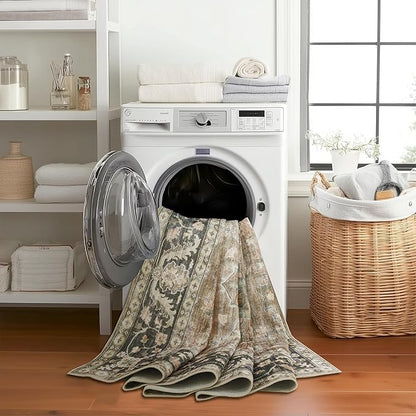 ReaLife Rugs Machine Washable Area Rug Runner - Living Room Bedroom Bathroom Kitchen Entryway - Padded Low Pile Stain Resistant Premium - Boho Farmhouse Vintage - BEV - Beige Tan Brown 2'6" x 6'