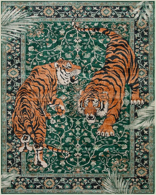 Moynesa Tiger Washable Rugs, 8x10 Area Rugs for Living Room, Soft Large Vintage 8x10 Bedroom Green Rug, Botanical Non Slip Ultra Thin Floor Carpet for Dining Room Home Office