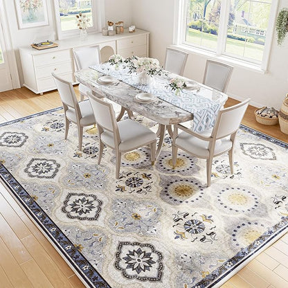 EnHomee 8x10 Area Rug, Soft Washable Rugs for Living Room Bedroom, Boho Non Slip Low Pile Stain Resistant Washable Rug Large Area Rugs for Dining Room,Easy to Clean Living Room Rug, Blue