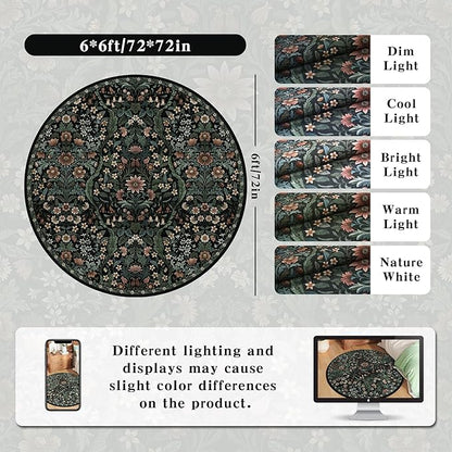 Round Rug 6ft Black Washable Floral Circle Rug,Vintage Boho Botanical Round Area Rugs, Non-Slip Soft Low-Pile Circular Carpet for Bedroom,Kids Room,College Dorm,Home Decor