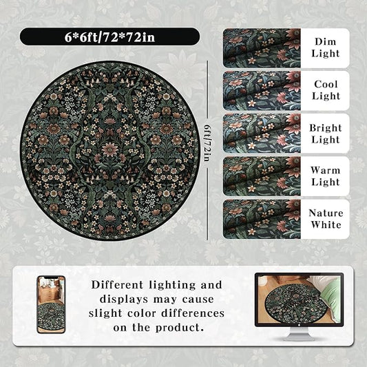 Round Rug 6ft Black Washable Floral Circle Rug,Vintage Boho Botanical Round Area Rugs, Non-Slip Soft Low-Pile Circular Carpet for Bedroom,Kids Room,College Dorm,Home Decor