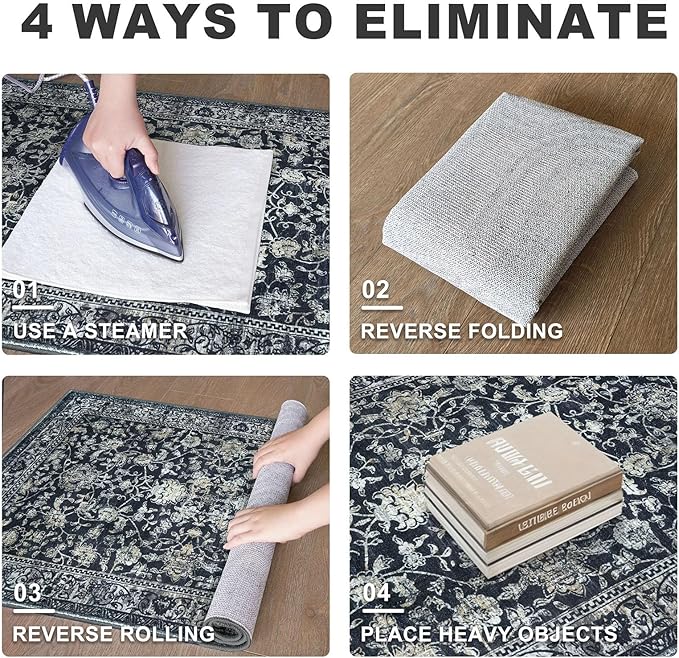 KILOCOCO Area Rug 4x6 Entryway Rug Washable Printed Vintage Floral Rubber Backed Non Slip Indoor Kitchen Rugs for Laundry Room Playroom Bedroom Living Room Moroccan Area Rugs, Navy/Charcoal
