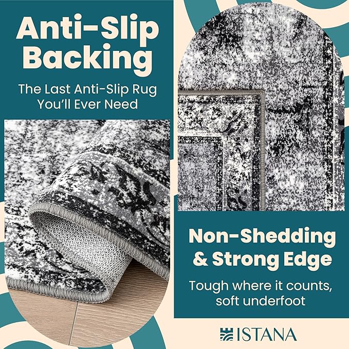 Istana Hallway Runner Rug 2.5x8 - Dark Grey Kitchen Rugs Non Slip Washable -Silk's Soft Touch Carpet Runner - Stylish Rugs for Home