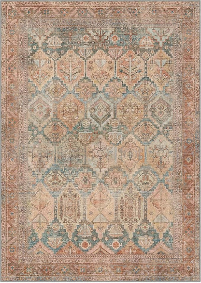 Bavni Washable Rug 5x7 Area Rug for Living Room Bedroom Dining, Washable Vintage Print Carpet, Ultra-Thin Chenille Low Pile Lightweight Rug with Non Slip Backing, Clay