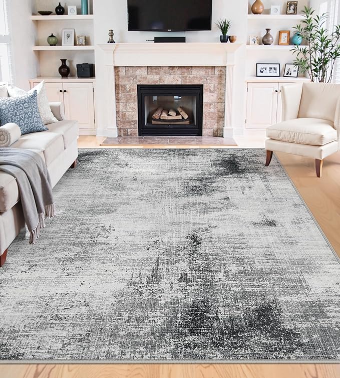 7x9 Washable Area Rugs - Modern Abstract Rugs for Living Room Non-Slip Low Pile Soft Machine Washable Carpet for Bedroom, Dining Room, Nursery, Home Office, Farmhouse (7'x9' Dark Grey)
