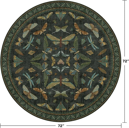Dark Green Insect 6ft Round Washable Area Rug for Living Room - Non Skid Low Pile & Soft Carpet for Bedroom Beside Bed, Forest Butterfly Design Stain Resistant Home Décor