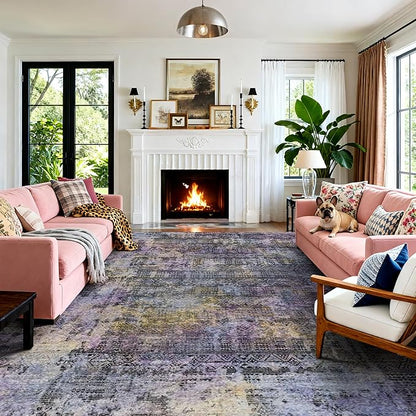 Kokia Abstract Area Rugs 8x10 Bedroom Soft Living Room Rugs Washable Distressed Vintage Comfy Black Gray Carpet with Non-Slip Backing for Farmhouse Home Office Room Decor, Oslo Nebula