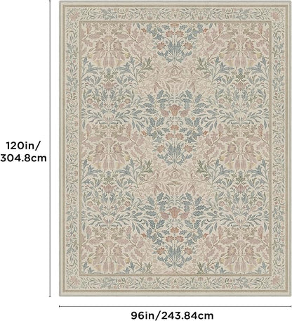 Bavni Floral Beige Pink Area Rugs 8x10, Vintage Boho Carpet Machine Washable, Non Slip Soft Low Pile Thin Rug for Bedroom, Living Room, Dining Room, Nursery