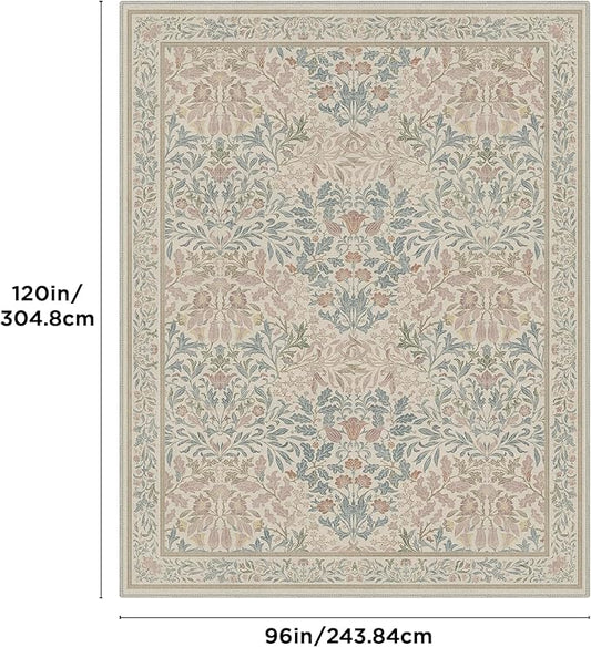 Bavni Floral Beige Pink Area Rugs 8x10, Vintage Boho Carpet Machine Washable, Non Slip Soft Low Pile Thin Rug for Bedroom, Living Room, Dining Room, Nursery