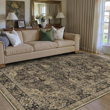 HUGEAR Retro Brown Area Rug 6x9 Machine Washable Living Room Rugs Distressed Vintage Floral Low Pile Carpet Bedroom Office Dining Room Laundry Room Non Slip Soft Lightweight