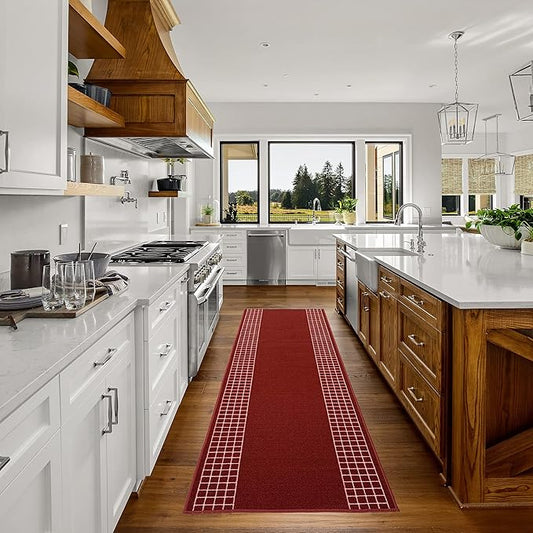 Custom Made Runner Rug for Kitchen Foyer Hallway Entry Choose Your Length 26 Inch Wide Geometric Checkered Design Red Color (16 feet x 26 inch)