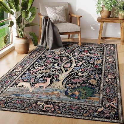 Rugcomf Area Rugs 4x6 Vibrant Tree of Life-Patterned Vintage Washable Rugs Non Slip Low Pile Small Carpet for Bedroom Bedside Kids Room Office Dining Room, Black