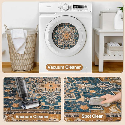 Tangsoo 2x6 Washable Runner Rug for Hallways, Non Slip Vintage Runner Rugs, Soft Low Pile Long Rug Runner, Print Distressed for Kitchen Bedroom Entryway Bathroom Living Room Indigo Ochre