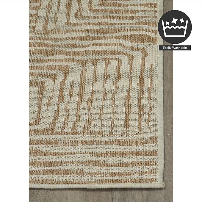 FH Home Flat Woven Outdoor Rug - Waterproof, Easy to Clean, Stain Resistant - Premium Polypropylene Yarn - Modern Geometric - Patio, Deck, Porch, Balcony - Budapest - Beige - 2ft 7in x 4ft 11in