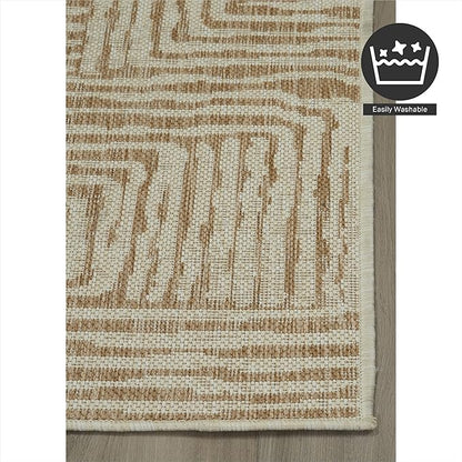 FH Home Flat Woven Outdoor Rug - Waterproof, Easy to Clean, Stain Resistant - Premium Polypropylene Yarn - Modern Geometric - Patio, Porch, Deck, Balcony - Budapest - Beige - 5ft 2in x 7ft 6in