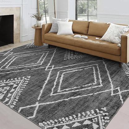 ReaLife Rugs Machine Washable Area Rug - Living Room Bedroom Bathroom Kitchen Entryway Office - Padded Low Pile Stain Resistant Premium - Moroccan Diamond Tribal - Jax - Gray 5' x 7'