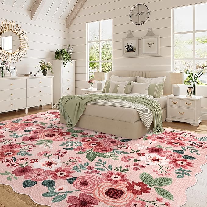 DUKINO 8x10 Area Rug, Floral Washable Rugs for Living Room with Non Slip Backing & Non-Shedding, Lightwight Low Pile Boho Design Large Carpets for Bedroom, Living Room, Dining Room, Pink