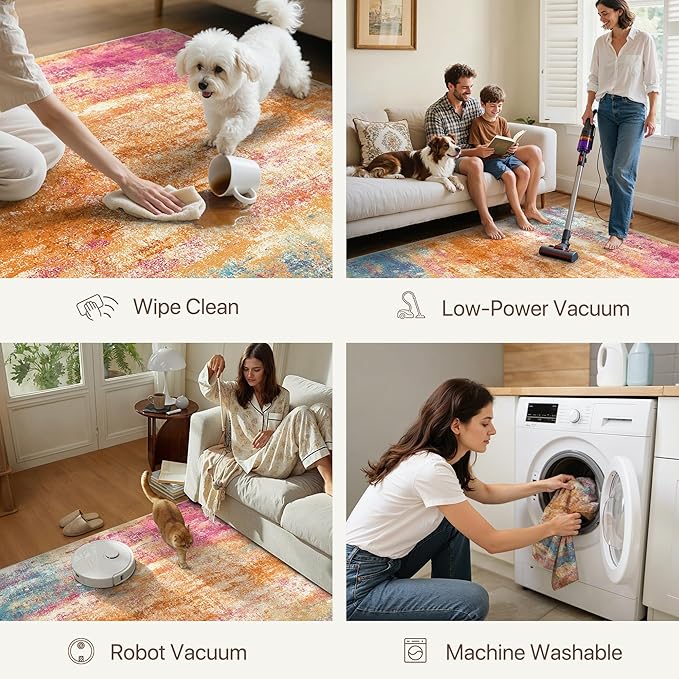 5x7 Area Rugs Washable Pink Rug for Living Room Nursery, Modern Abstract Large Rug Non Slip, Water Repellent Low Pile Soft Carpet for Bedroom, Dining Room, Home Office, Colorful Pink