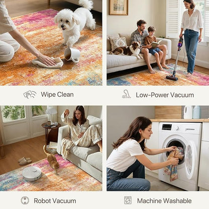 5x7 Area Rugs Washable Pink Rug for Living Room Nursery, Modern Abstract Large Rug Non Slip, Water Repellent Low Pile Soft Carpet for Bedroom, Dining Room, Home Office, Colorful Pink