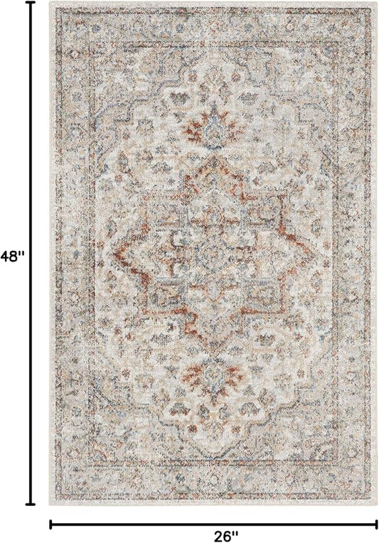 Nourison Home Astra Machine Washable Traditional Grey/Multi 2'2" x 4' Area Rug, Easy Clean, Non Shedding, Bed Room, Living Room, Dining Room, Kitchen (2x4)
