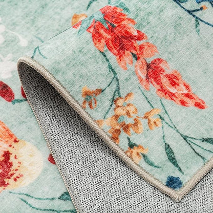 Green Area Rug 3x5 Office Floral Boho Door Mat Indoor Washable Kitchen Carpet Non Slip Bedroom Low Pile Lightweight Soft Throw Rug for Living Dining Room Bathroom