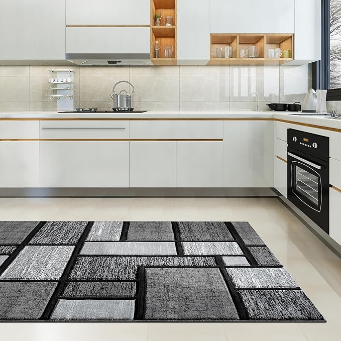 Area Rug Modern 5x7 Grey Black Geometry Squares Soft Hand Carved Contemporary Floor Carpet Fluffy Texture for Indoor Living Dining Room and Bedroom Area