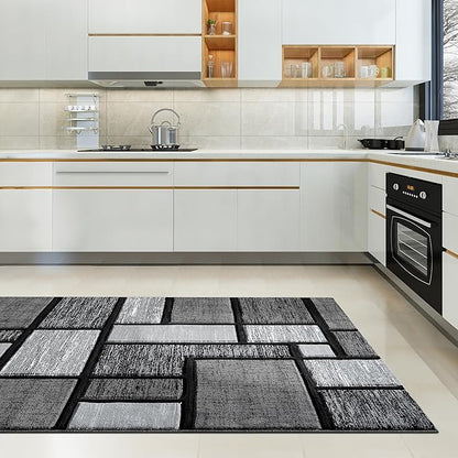 Area Rug Modern 5x7 Grey Black Geometry Squares Soft Hand Carved Contemporary Floor Carpet Fluffy Texture for Indoor Living Dining Room and Bedroom Area