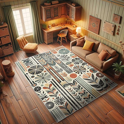 Ambesonne Bohemian Decorative Rug, Retro Mid Century Inspired Abstract Patterns on Ivory Background, Quality Carpet for Bedroom Dorm and Living Room, 2' x 5', Dark Orange and Reseda Green