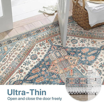 Bavni Kitchen Rug 2x5 Runner Rugs for Hallways Entryway, Washable Vintage Print Carpet, Ultra-Thin Chenille Low Pile Lightweight Rug with Non Slip Backing, Blue/Orange