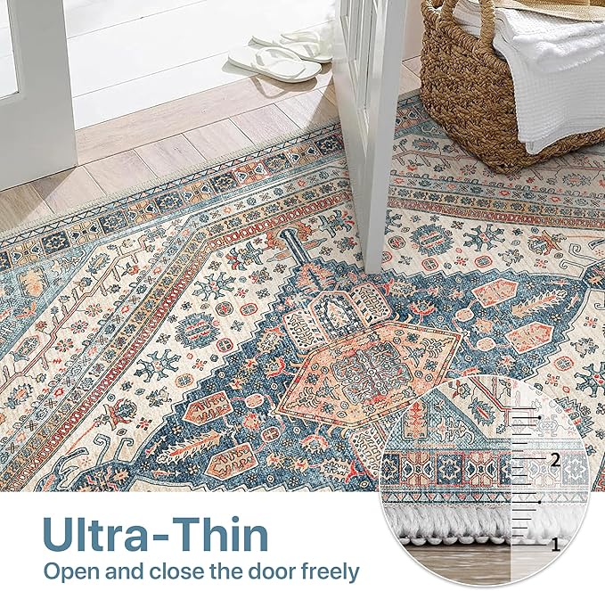 Bavni Washable Rug 8x10 Area Rug for Living Room Bedroom Dining, Washable Vintage Print Carpet, Ultra-Thin Chenille Low Pile Lightweight Rug with Non Slip Backing, Blue/Orange